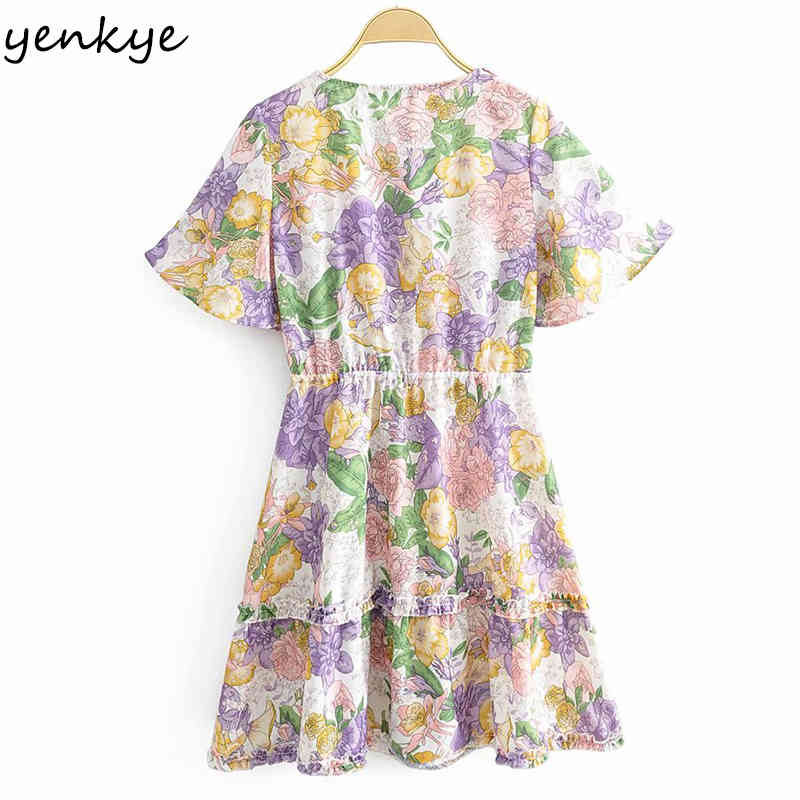 Holiday Summer Dress Women Sweet Ruffle Sexy V Neck Short Sleeve Vestido Mujer A-line Mini Floral Print Boho 210430