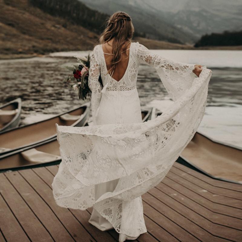 Bohemian Mermaid Wedding Dress 2021 Sexy Backless Bride Dresses Cotton Crochet Lace Long Sleeve Country Boho Beach Bridal Gowns