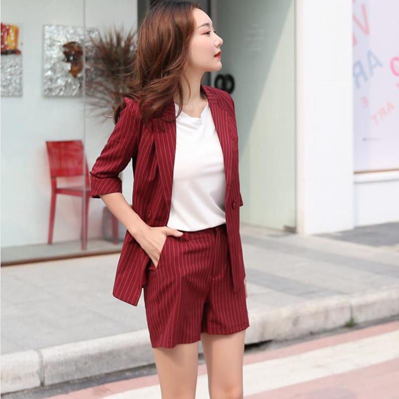 Fashion Women Blazer Suits Double Breasted Striped Shorts Pants Set Office Ladies Two-piece Sets 210421