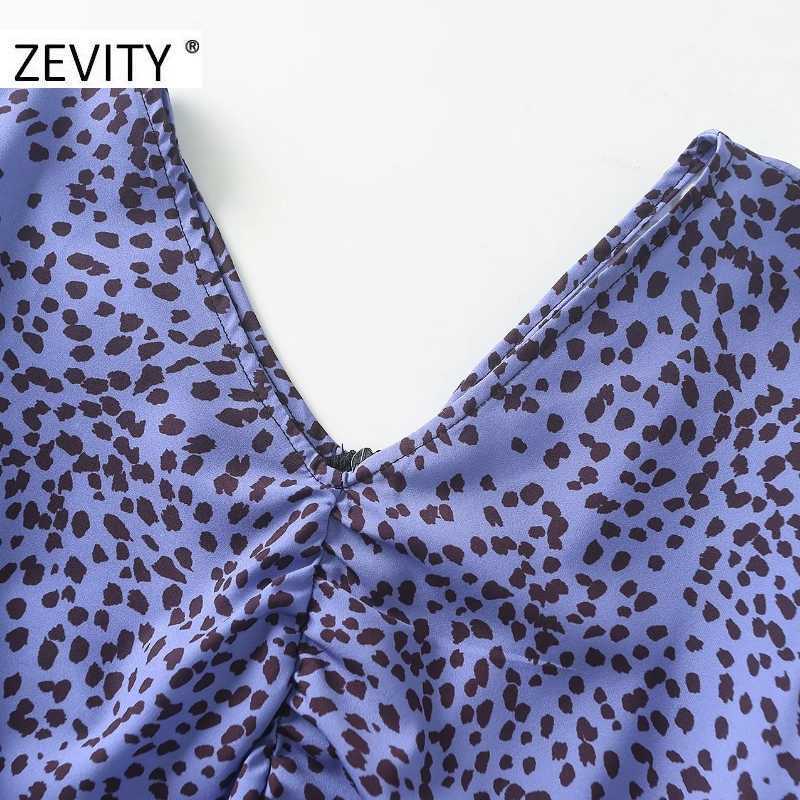 ZEVITY Women vintage v neck leopard dots print pleated slim Dress ladies pleat back zipper Vestidos Casual autumn Dresses DS4454 210603