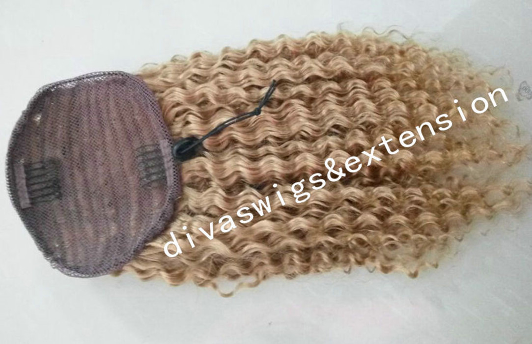 African remy Kinky curly honey blonde drawstring ponytail virgin human hair extension cuticle aligned strawberry blond draws tring ponytail hairpiece 