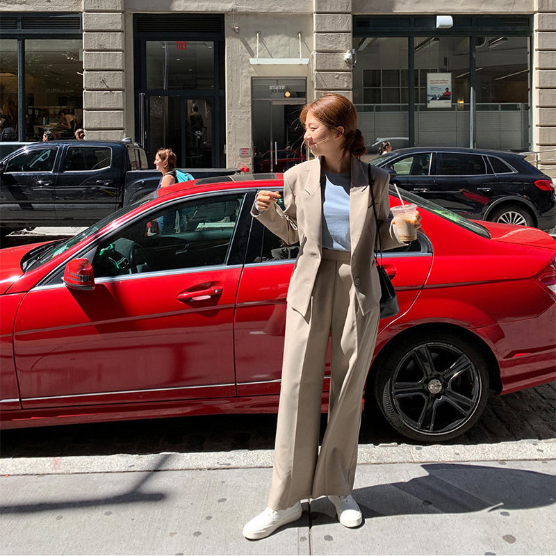 Beige Retro Chic Solid Gentle Lady Elegant OL Blazers + Vintage Casual All Match Straight Pants Set 2 Pieces Sets 210421