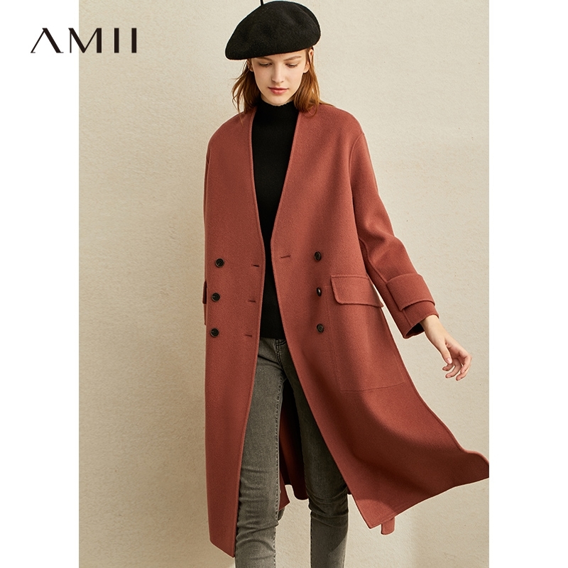 Vintage Double Woolen Coat Autumn Winter Women V-neck breasted Solid Loose Female Mid Long Jackets 11940487 210527