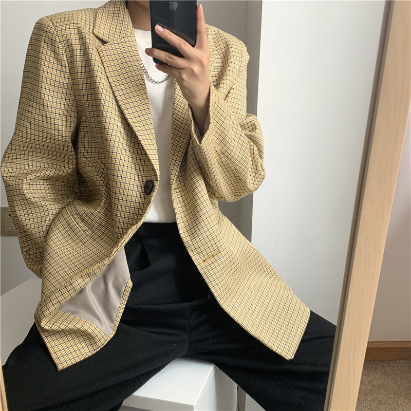 Office Ladies Long Sleeve Plaid Blazer Vintage Elegant Formal Single Breasted Jackets Causal Suit Coat Women Blazers 210421