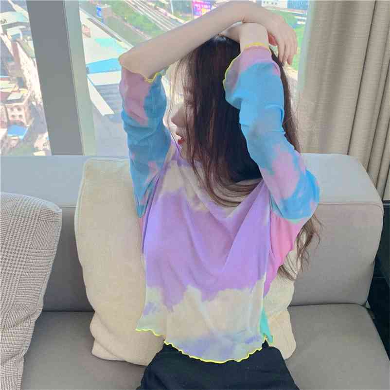 Tie Dye Mesh Top Long Sleeve T Shirt Women Aesthetic Summer Sky Print Tshirt Frill Crop Tee Purple Vintage Fashion 210519, As picture
Tie Dye Mesh Top Long Sleeve T Shirt Women Aesthetic Summer Sky Print Tshirt Frill Crop Tee Purple Vintage Fashion 210519, As picture