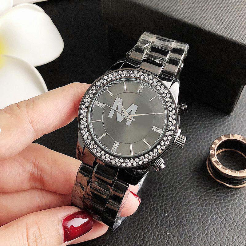 Brand Wrist Watches Women Girl Crystal Diamond Big Letters Style Metal Steel Band Quartz Clock