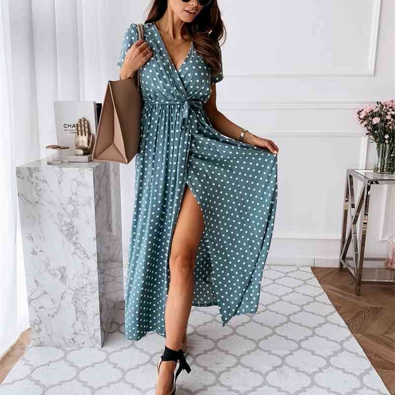 Women Dresses Summer Fashion Polka Dot Split Boho Dress Casual Beach Vacation Long Vestido De Mujer YS9885 210623