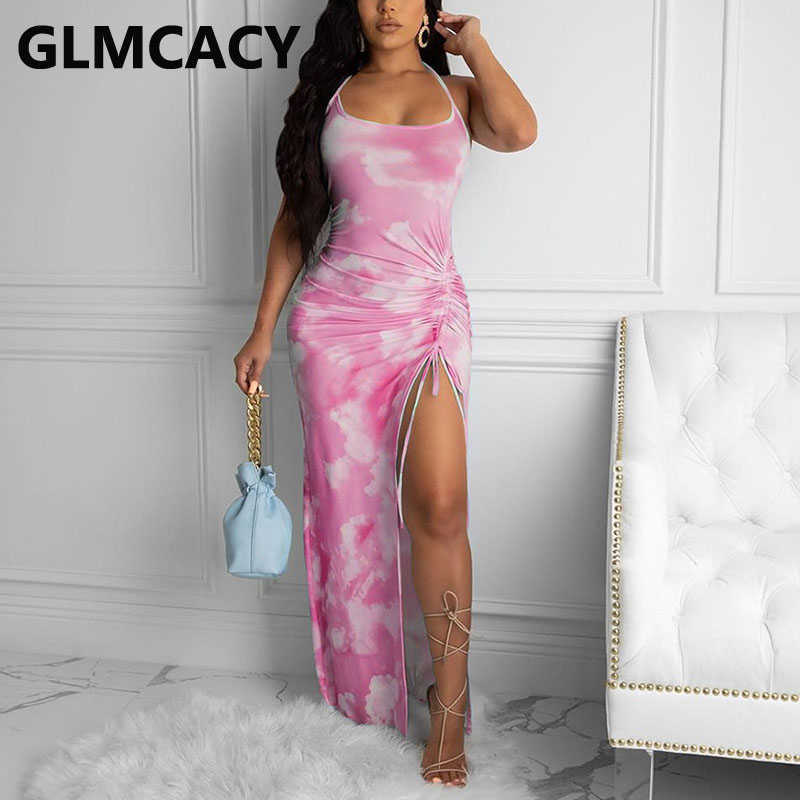 Women Abstract Printed High Slit Maxi Dress Backless Bodycon Evening Party Dress Elegant Long Robe 210702