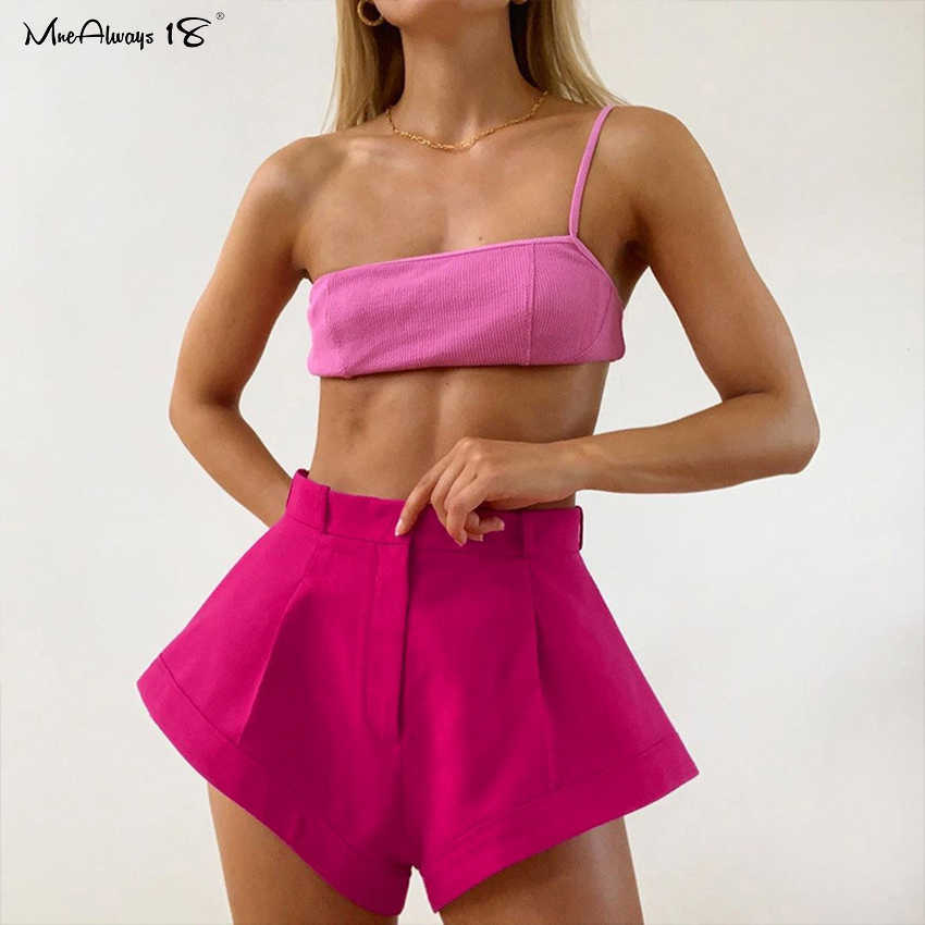Mnealways18 Pink Mini Shorts Sexy High Waisted Summer Women's Shorts Chic Casual Female Wide Leg Shorts Streetwear 210611
