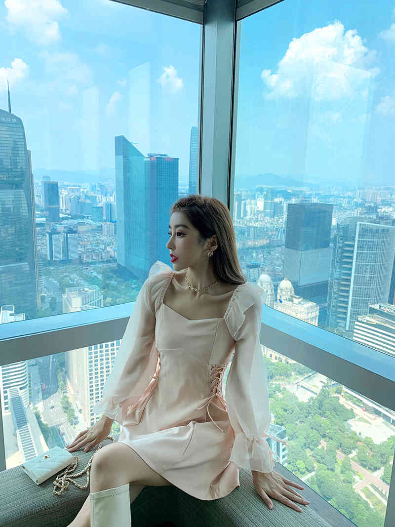 Spring Women Eleagnt Slim Dress Vintage Waist Bandage Tie Cross Fashion Ruffles Sweet Mini Vestidos 210519