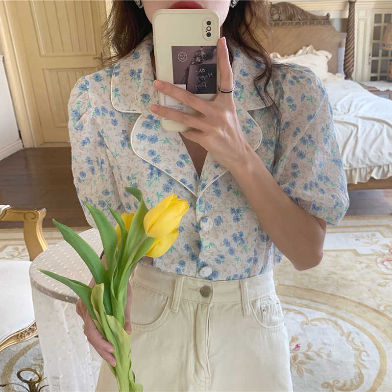 LY VAREY LIN Summer Women Casual Turn-down Collar Floral Short Shirts Tops Sweet Single Breasted Puff Sleeve Loose 210526
