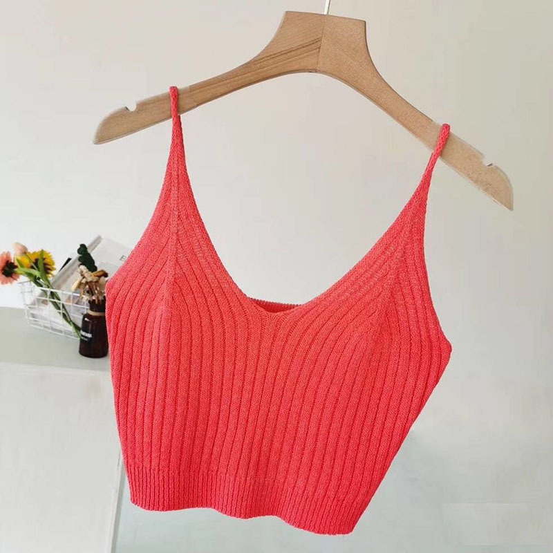 Women Camisoles Female Sleeveless Vest Under-Waist Tops Sexy Intimates Knitted Bra V-Neck Short Thin Strap Elegant Office Basic 210406