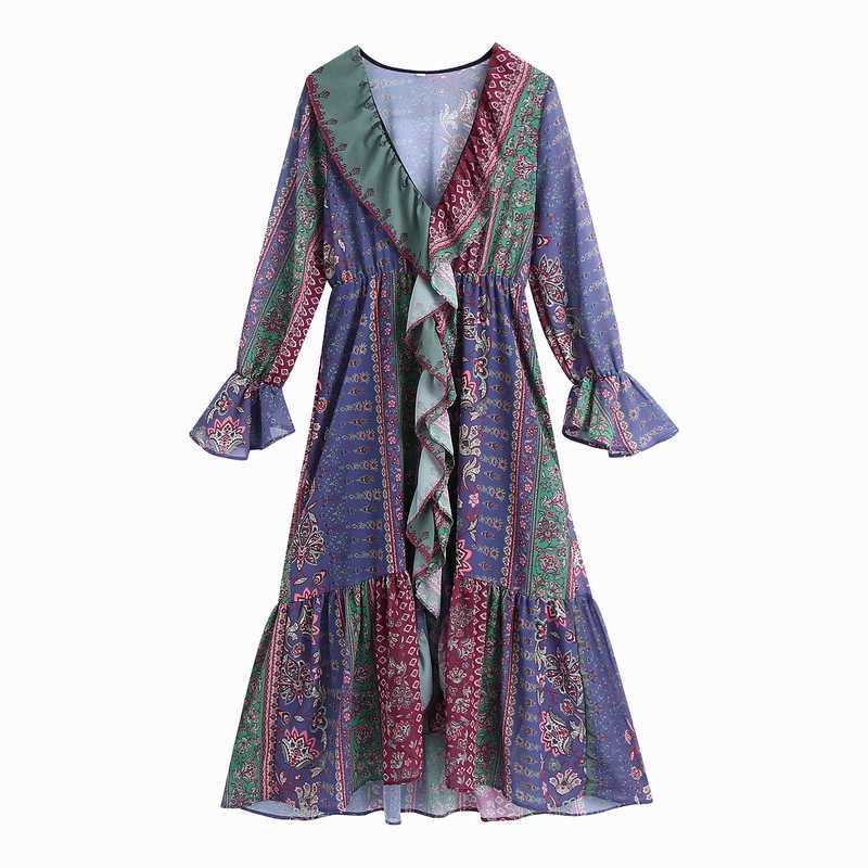 Vintage Women Dress Spring Fashion Prints Long Sleeve V-Neck Ruffles Modern Lady Mid-Calf Vestido 210602