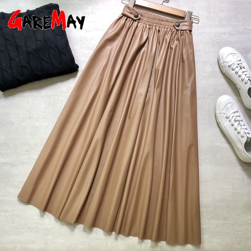 Winter women's leather skirt pleated black long s for women vintage pu faux High-waisted female 210428