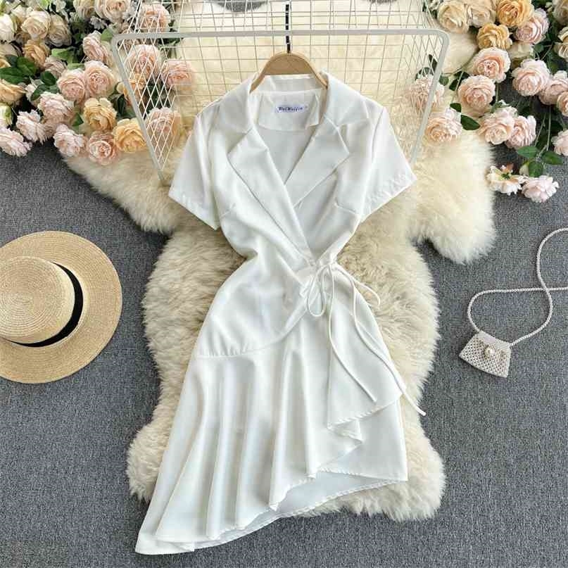 Korean Fashion Women's Dress Solid Notched Collar Short Sleeve Sash Wrap Slim Irregular Ruffles Wear to Work Office 210603, White
Korean Fashion Women's Dress Solid Notched Collar Short Sleeve Sash Wrap Slim Irregular Ruffles Wear to Work Office 210603, White