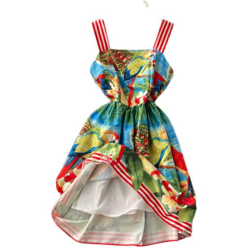 DEAT Women Strap Printing Dress Square Collar Sleeveless Arrivals Lady Temperament Fashion Spring Summer 11D571 210709