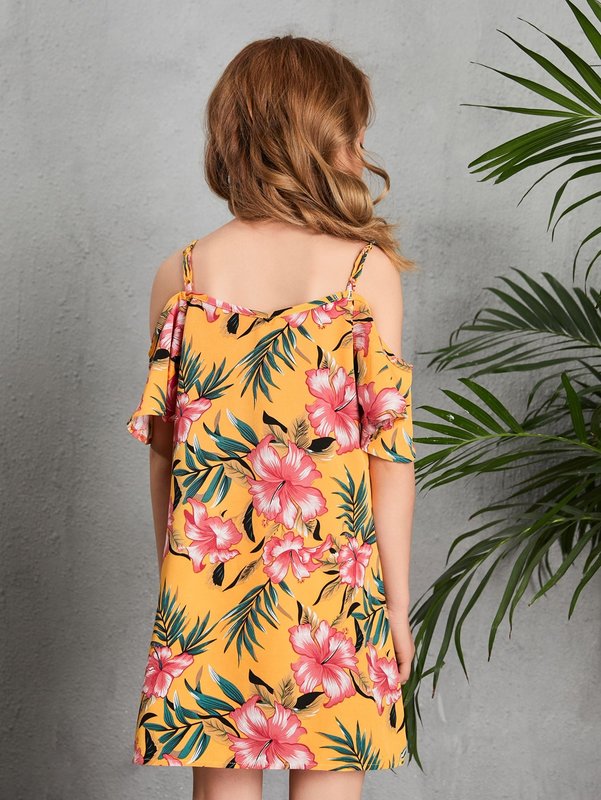 Girls Tropical Print Cold Shoulder Dress SHE