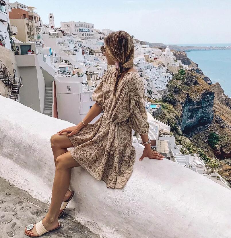 2019 Ruffles Wood ear Floral Print Women Bohemian Dress Vintage V neck Strappy Half Sleeve BOHO Dresses Holiday femme Vestido 210331