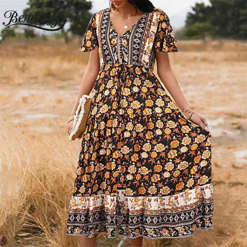 V-neck Floral Print Button Women Bohemian Dresses Vacation Casual Summer Short Sleeve Split Swing Long Dress 210510