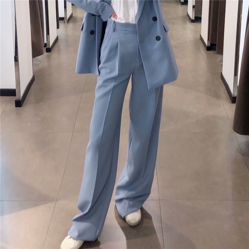 Elegant Women Blue High Waist Pants Fashion Ladies Solid Straight Trousers Causal Female Chic Pocket Long 210430