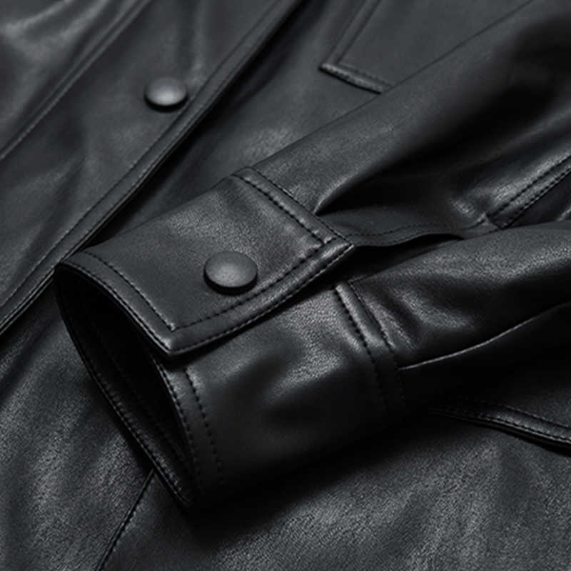 LY VAREY LIN Spring Women Faux Leather Jackets Elegant Tie Belt Waist Pockets Buttons Coats Motor Biker 210526