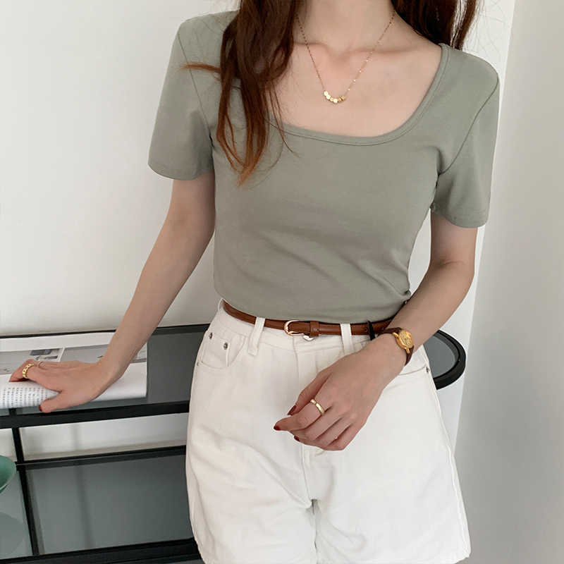 Elegant Square Collar Dew Clavicle Solid Crop Top Summer Simple All Match Short Sleeve Tshirt Women Chic Slim Bottoming Tee 210525
