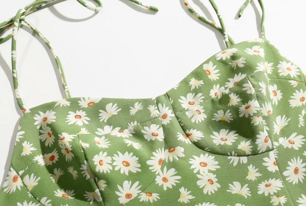 French Summer Daisy flower Print Bandage Spaghetti Strap White Midi Dress Retro Sexy Women Lacing Up Sling Slit Dresses Vestido 210429