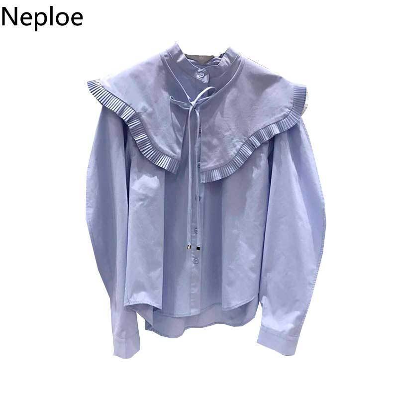 Neploe Chic Women's Blouse Peter Pan Collar Lace Button Shirt Korean Loose Puff Sleeve Ruffles Blusas Solid Single Breasted Tops 210422