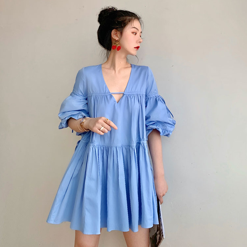 Elegant Backless Dress For Women V Neck Lantern Loose Sleeve High Waist Dresses Female Fashion Summer 210520