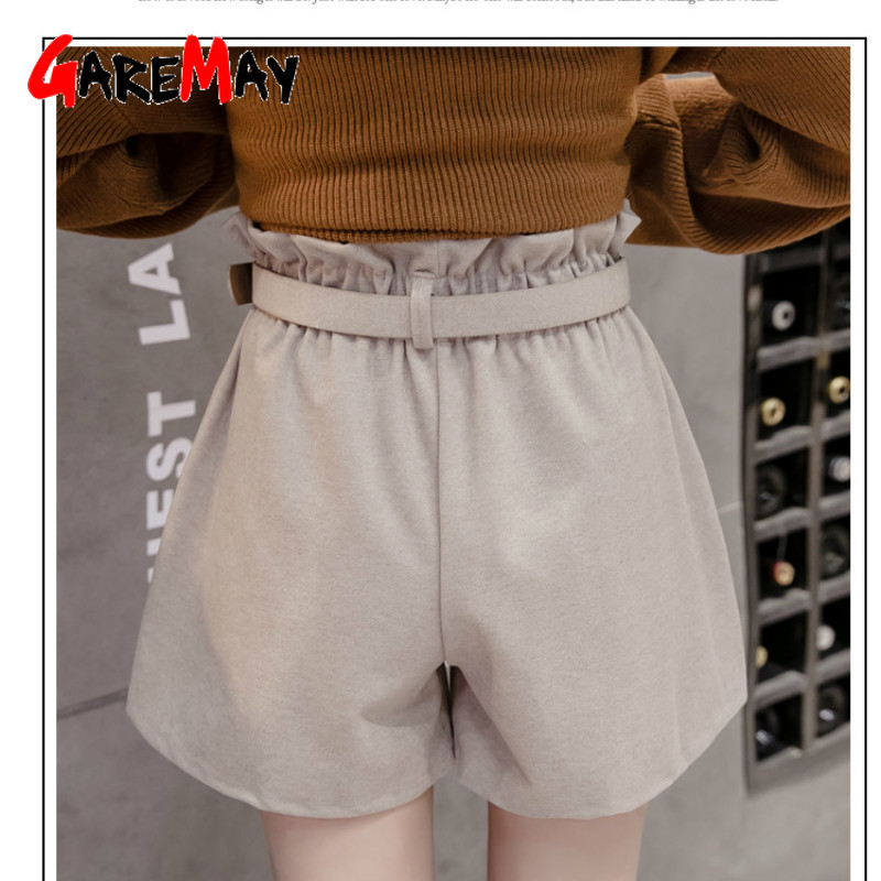 Autumn Winter High Waist Cotton Shorts with Belt Korean Style Women's Wide Leg A-line Woolen Thick Warm Boots 210428