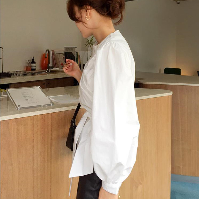 Elegant Womens Tops OL White Shirt Women Puff Sleeve Solid Korean Style Formal Blouse Shirts Office Lady 210421