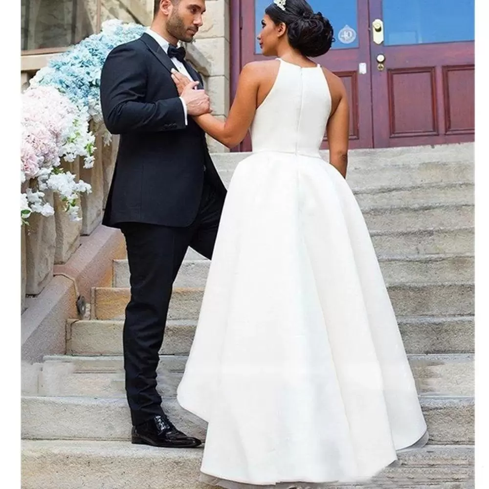Simple High Low Wedding Dresses Bridal Gown Halter Satin Tulle Custom Made Plus Size Sleeveless Beach Boho Vestidos De Novia