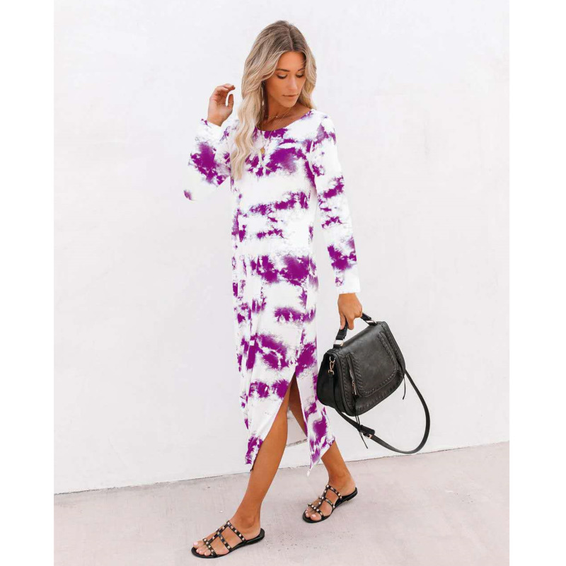 Women's Tie-dyed Printing Dress Gradient Color Round Neck Long Sleeve Vestidos Autumn Chic Casual Elegant Split Dresses 210524