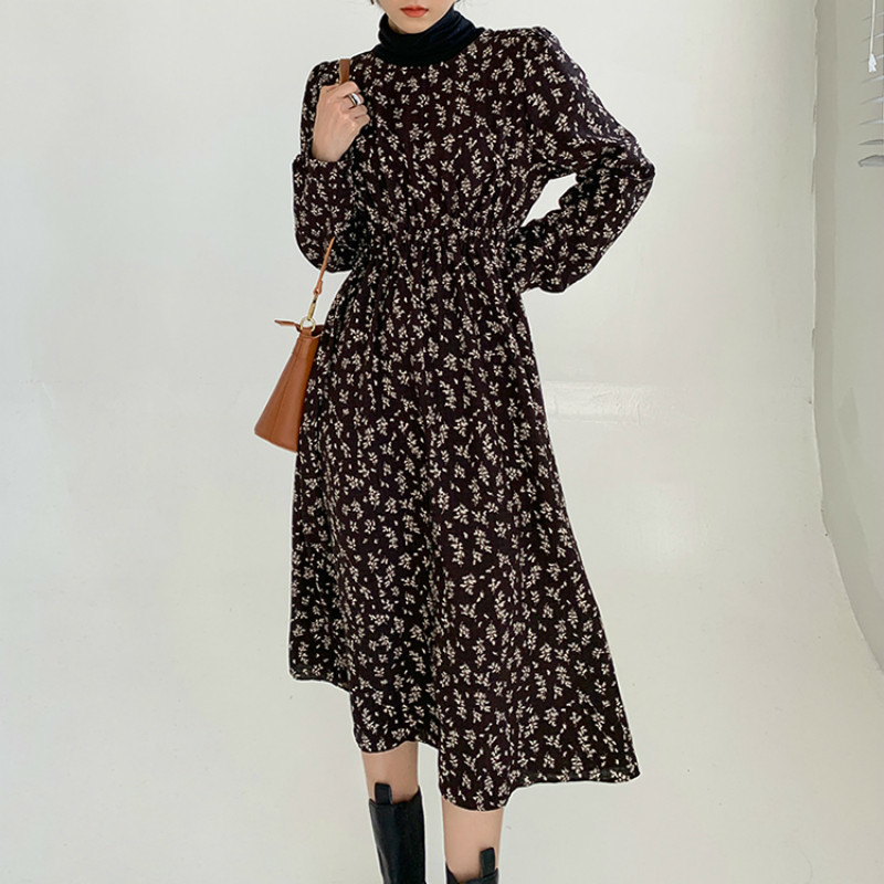 Women's O-Neck Floral Dresses Autumn Loose Slimming Mid-Length Full Sleeve Zipper Winter Bottoming Chiffon Dress Femee Vestidos 210514