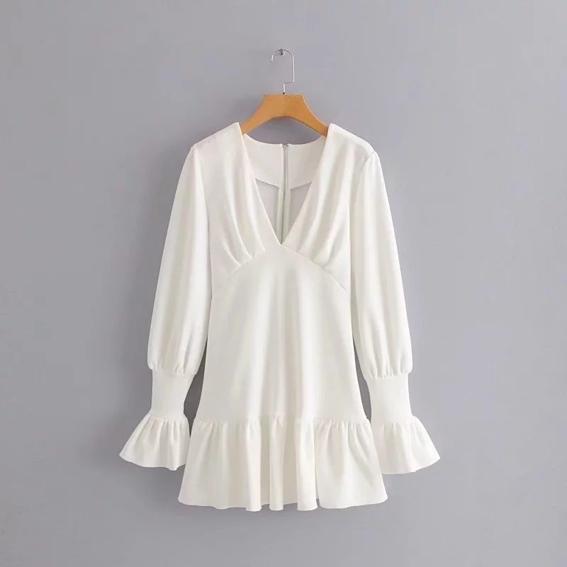 Summer Dress Vintage Deep V Neck white Pleated dress Elegant Korean long sleeve party boho casual ladies Dresses 210521