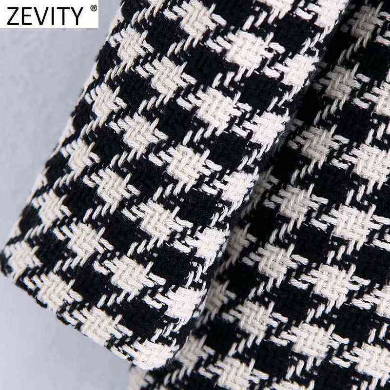 Zevity Women Vintage Houndstooth Plaid Print Open Stitching Tweed Woolen Coat Female Chic Outwear Slim Jackets Tops CT781 211104