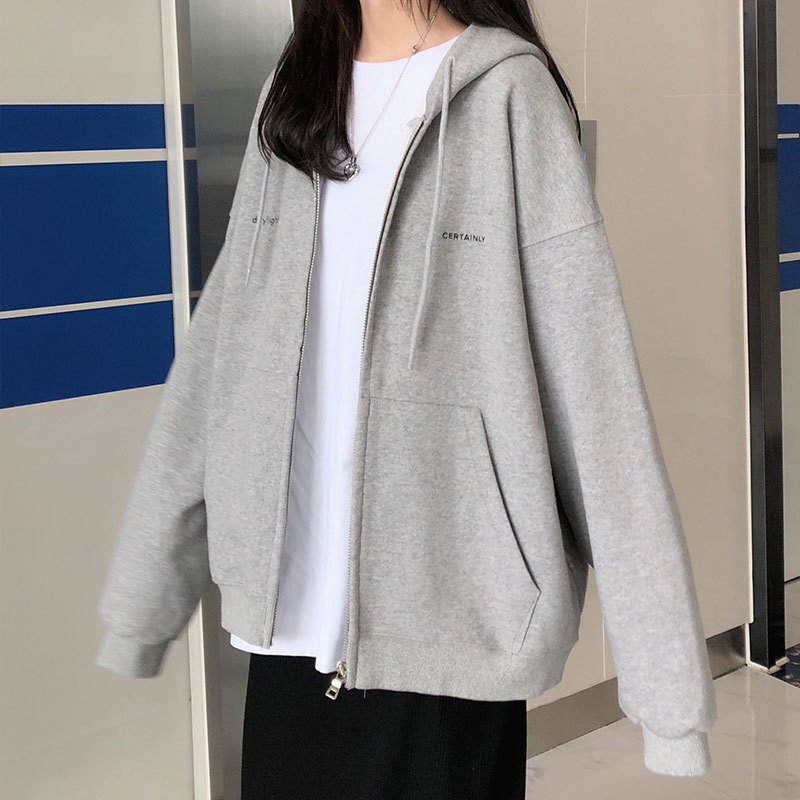 ML Autumn Zipper Hoodies Sweatshirt jacket korean ins style Outwear letter print thicking Winter grey Coat Women (X1552) 210423