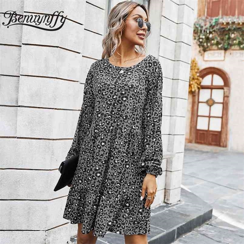 Autumn Winter Women Frill Trim Leopard Print Dress Loose O-Neck Long Sleeve Casual Fashion A-Line Mini Dresses 210510
