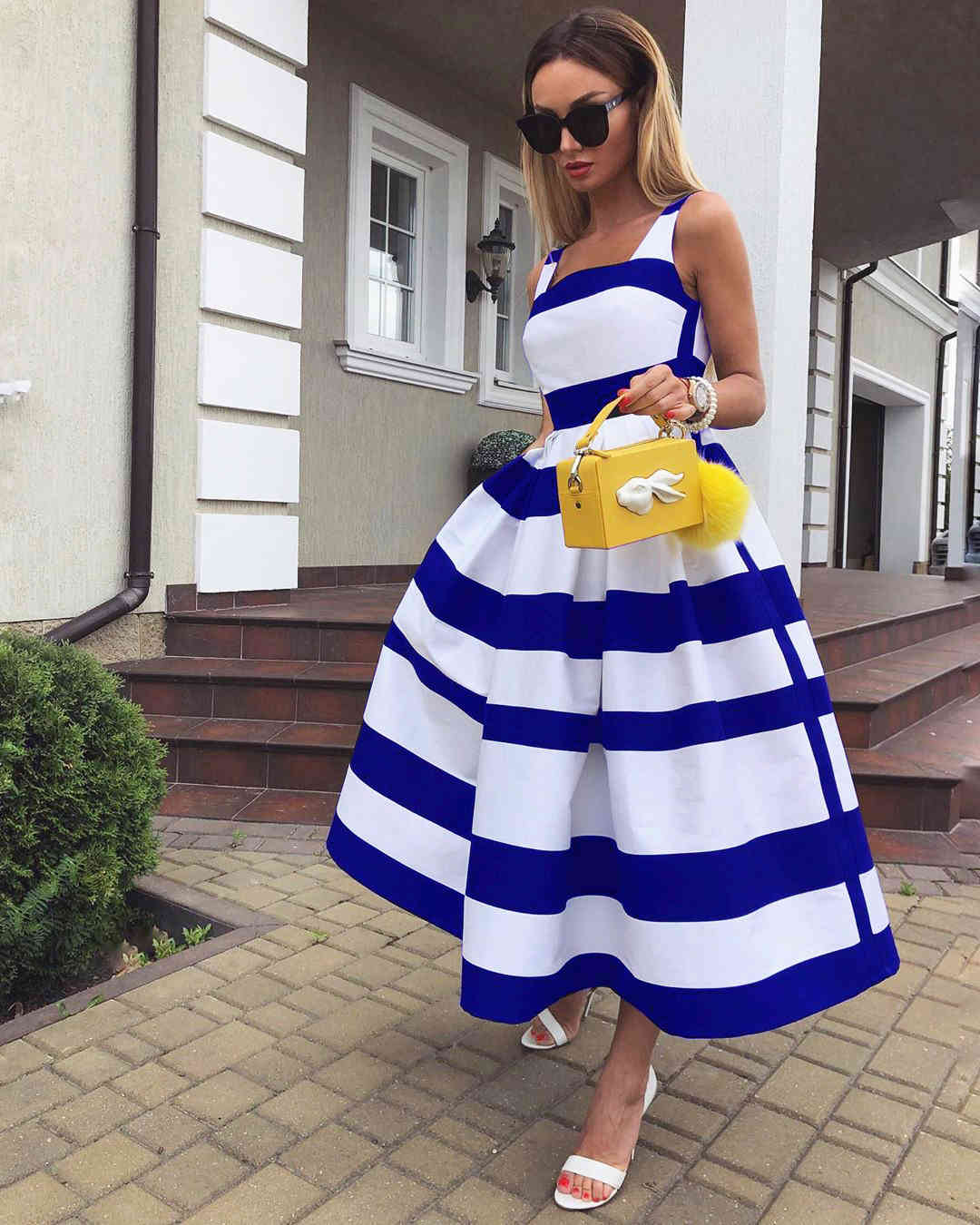 Women Dress Striped Patchwork Maxi Temperament Long es High Waist Sleeveless Sexy Summer es Black 210513