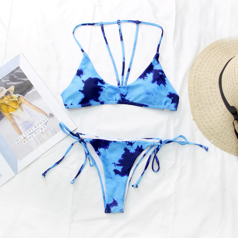 Women Tie Dye Bikini Set Sexy Micro Bandage Swimwear Low Waist Bathing Suit High Cut Swimsuit Halter Top Beachwear Biquini 210520
