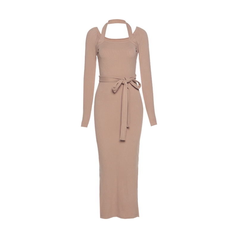 WOMENGAGA Sexy Turtleneck Bandage High Waist Slim Slit Long Sleeve Mid-Calf Dress Robe Dresses 8KLQ 210603