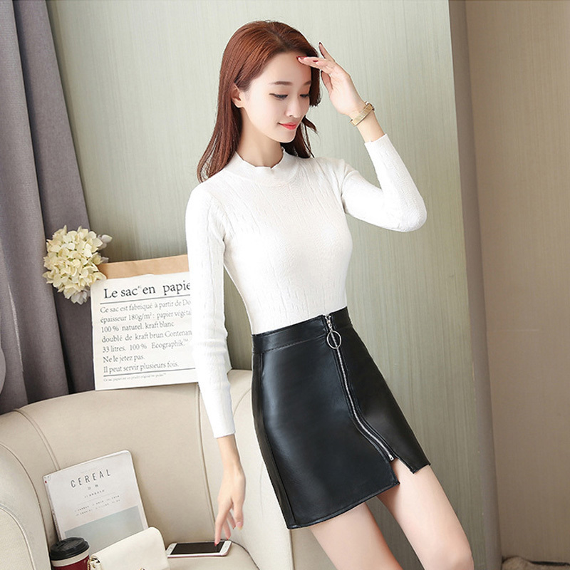 Spring Summer Casual PU Leather Skirt Women Elegant Zipper Mini A-Line Skirt Lady Skinny High Waist Skirts Black 210426