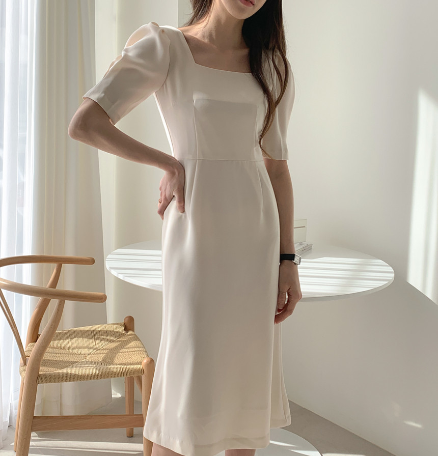 Korean Spring Temperament Elegant Square Collar Puff Short Sleeve Dress Women High Waist Office OL Slim Vestido Robe 210519