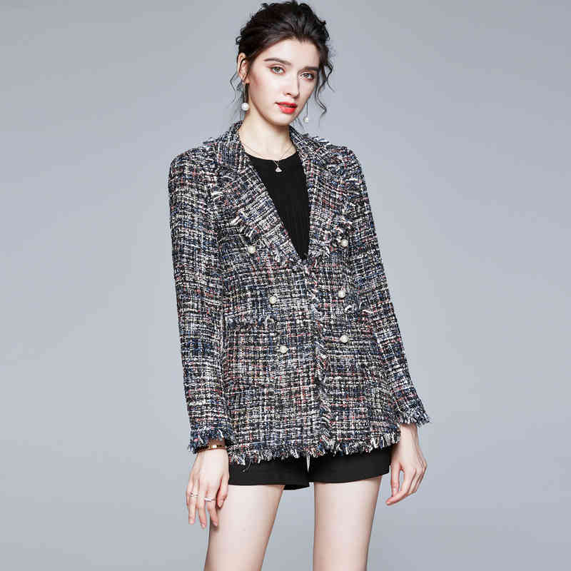 jackets Tweed Tops Fashion Slim Turn Down Collar Long Sleeve Medium-length Coat Women's clothes flower 882J 210420