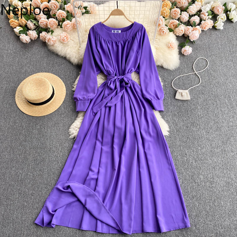 Neploe Women Dress Temperament O Neck Solid Lace-up Slim Waist Maxi Dresses Korean Long Sleeve Elegant Temperament Vestidos 210422