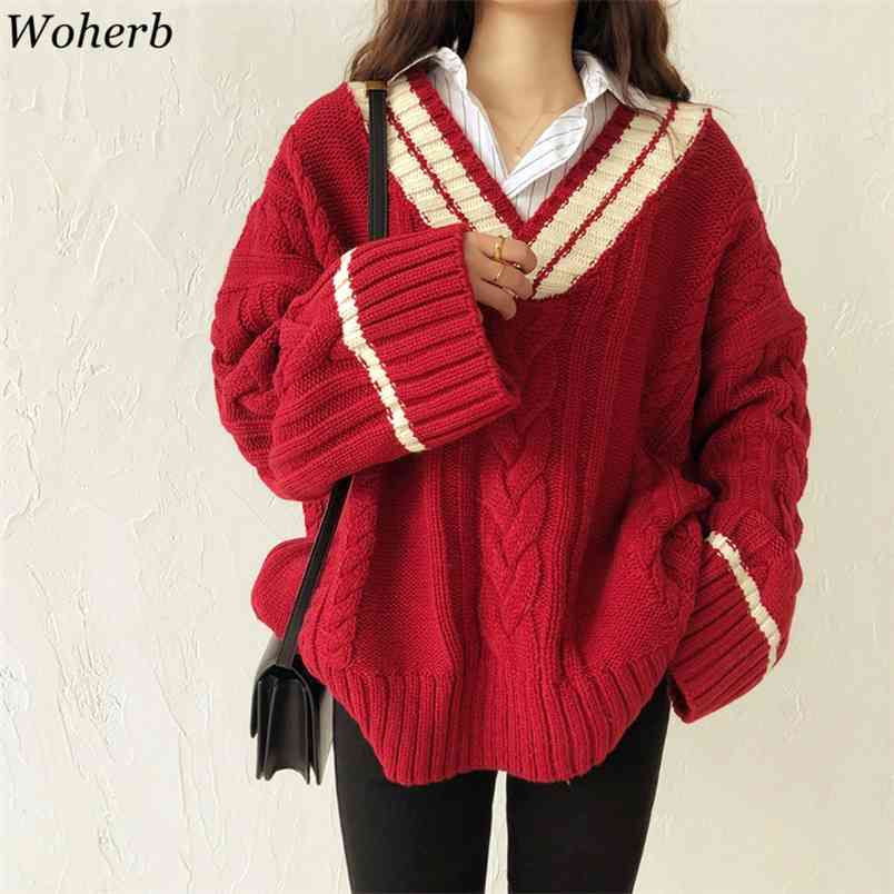 Vintage V-neck Women Sweater Korean Chic Striped Jumpers Twisted Knitwear Autumn Loose Female Knitted Pullovers 210519