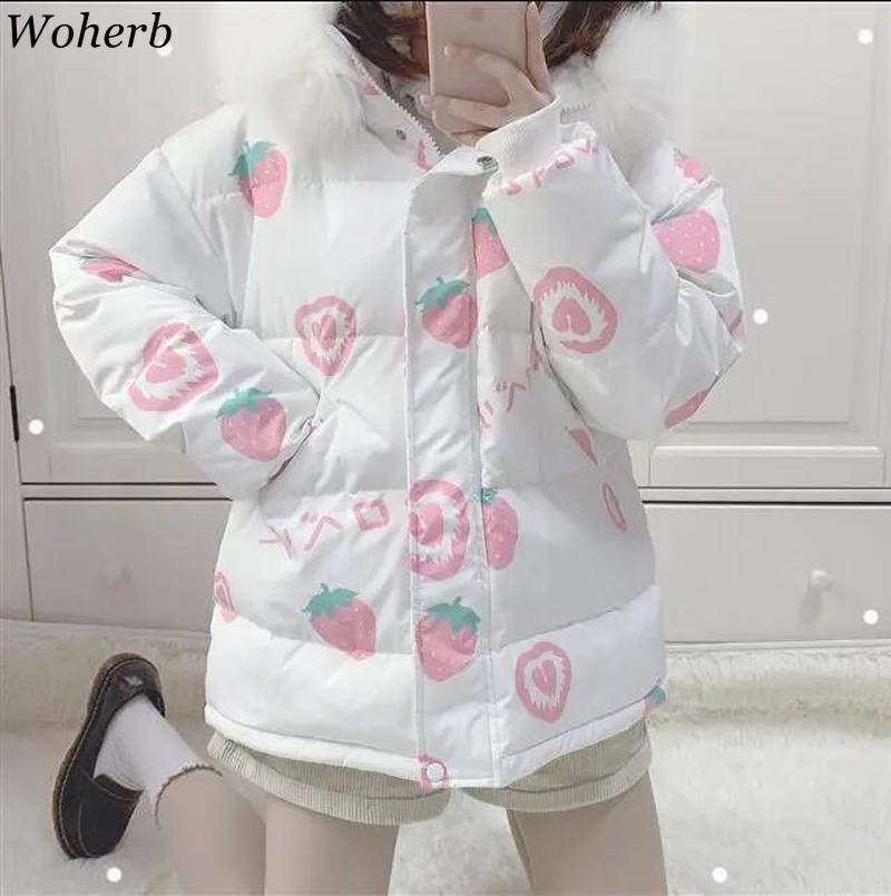 Japanese Harajuku Wadded Jackets Cartoon Print Kawaii Cute Female Hooded Sweet Padded Coat Fashion Outwear Tops 210422