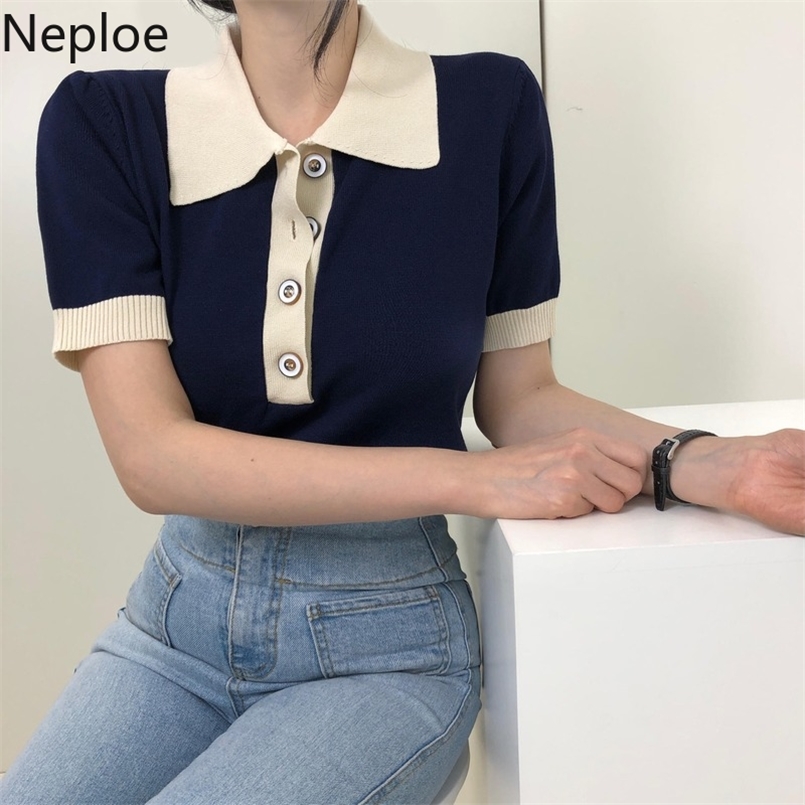 Neploe Fashion T Shirt Women Striped Short Sleeve Contrast Color Tees Turn Down Collar Knit Temperament Korean Ladies Tops 210708, Dark blue 
Neploe Fashion T Shirt Women Striped Short Sleeve Contrast Color Tees Turn Down Collar Knit Temperament Korean Ladies Tops 210708, Dark blue