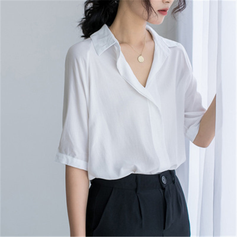 Office Lady Short Sleeves Formal Shirt Streetwear Women's OL Minimalist Vintage Chiffon Solid Large Size Shirts 210421