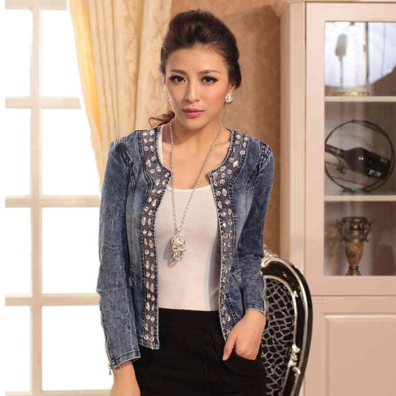 Arrival Spring Antumn Denim Jackets Vintage Diamonds Casual Coat Women's Jacket For Outerwear Jeans 210428